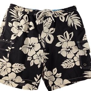 Caribbean Joe Mens Black White Hibiscus Floral Swim Trunks Cargo Pockets Large